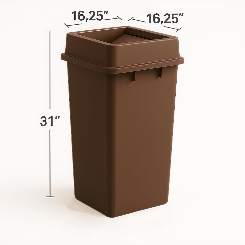 25 Gallon Brown Square Plastic Trash Can with Lid Heavy Duty | Indoor Outdoor Commercial Waste Container with Optional Lid for Restaurants, Parks, Schools, Public Spaces