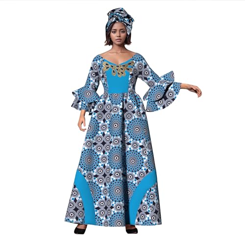 Image of iooiooi Womens African Print Party Maxi Dress Tradition Dashiki Ankara Long Dress & Headwrap