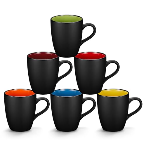 6 Pack Porcelain Coffee Mugs Set, 12 Ounces Ceramic Coffee Mugs, Matte Black Coffee Mug, Restaurant Cups for Coffee, Tea, Cappuccino, Cocoa, Cereal, Black outside and Colorful inside