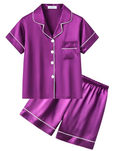 CYCHELRY Big Girls Satin Pajamas Summer Short Sleeve Button Down Silky Nighty PJS 2PCS Sleepwear Set Size 8-16