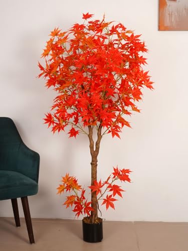 Image of ARICK DECOR 6Ft Artificial Japanese Maple Tree in Pot, Realistic Faux Autumn Orange Maple Plant, Peacock Shaped Large Floor Decor for Home, Office & Balcony