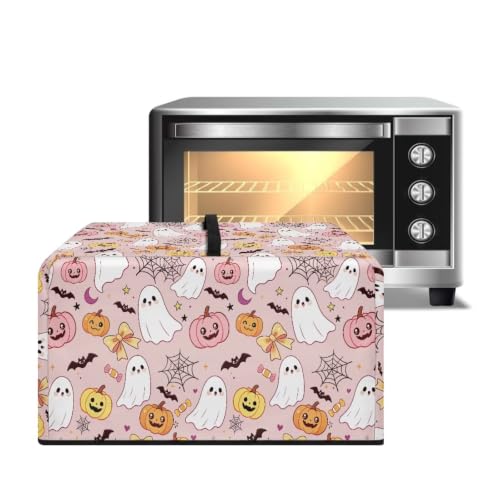 Image of Microwave Oven Dustproof Cover Machine Washable Convection Oven Cover Protector for Halloween Kitchen Party Decor, S, Cartoon Ghost Pumpkin Bat Print Pink