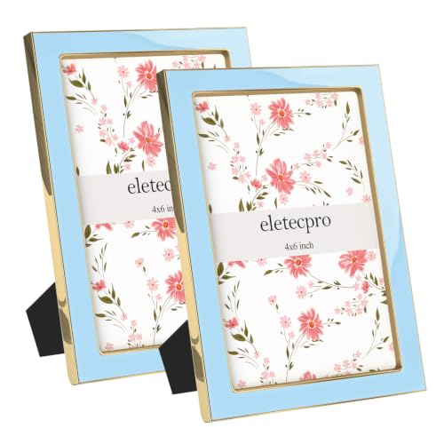 Image of eletecpro 4x6 Enamel Picture Frame Set of 2 with Real Glass Cover, Cute Photo Frame with Gold Metal Edge, Horizontal and Vertical Display Pictures 4 by 6 for Tabletop and Wall Decor, Sky Blue