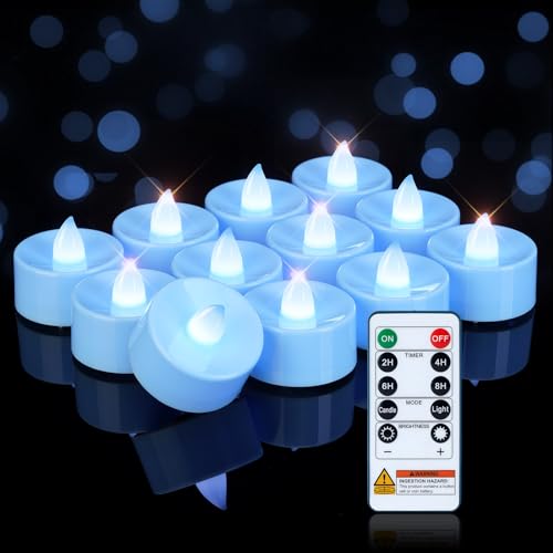 Image of Homemory 12-Pack Light Blue Remote LED Battery Tea Light Candles, 400+ Hrs | 2 /4 /6 /8H Timer Flameless Flickering Tealight Votives for Weddings /Baby Showers