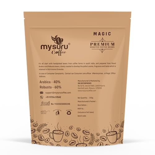 Image of Mysuru Coffee Premium Whole Roasted Beans [250g - MAGIC] Pure Arabica - 40% | Robusta - 60% Cafe Blend Medium Roast Fresh Single Origin Coffee