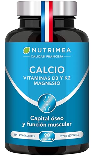 Calcio con Magnesio Vitamina D3 y K2 l Fortalece los Huesos y los Músculos Salud de Dientes l 90 cápsulas Veganas Nutrimea Fabricado en Francia
