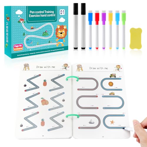 DAWRIS Magische Vorschule Übungshefte, übungsheft mit Stift, Wiederverwendbar Handschrift Nachziehen für Kinder, 8 Stift, für Kinder Kalligraphie,Zahlen,Zeichnung,Buchstaben Schreiben Lernen