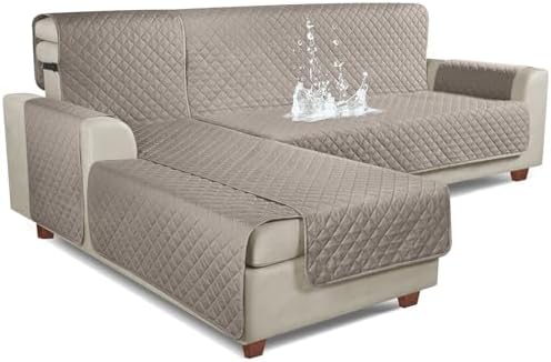 KinCam 100% Waterproof Sectional Couch Covers, Reversible L Shaped Sofa Covers 3pcs Sofa Slipcovers for Sectional Chaise Slipcover for Pets Kids (Large, Khaki)