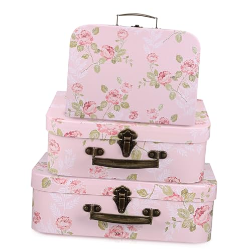 CONGARTENO 3 piezas Maletas de Cartón con Estampado Floral Cajas Decorativas Apilables con Asas de Metal para Regalo y Almacenamiento Cumpleaños y Bodas