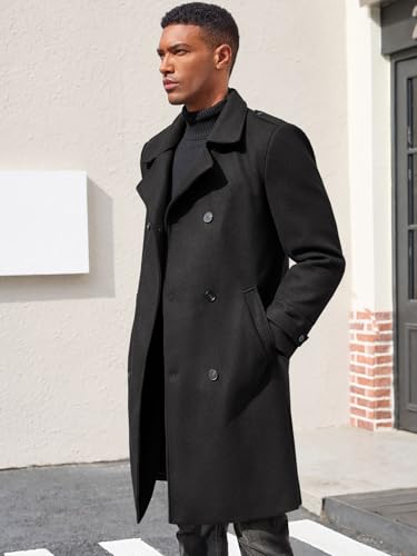 Ryannology Men's Notched Collar Trench Coat Double Breasted Long Winter Pea Coats Windbreaker Business Wool Blend Jacket3
