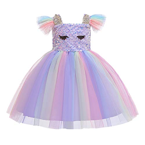 ASHOP Enfants Filles DéGuisement Licorne Robe Florale Paillettes Demoiselle d'honneur Robe De MariéE De FêTe d'anniversaire, Manches Volantes pour Enfants De Couleur Arc-en-Ciel GâTeau Robe