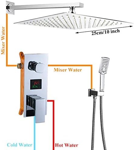 Chromowany cyfrowy wyświetlacz deszczownicy z baterią wannową montowaną na ścianie, zestaw natryskowy 12/16/10 cali ekranem temperatury hydroelektrycznej(10 Inch Shower Set)