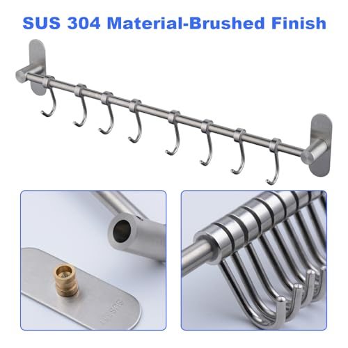 Kelelife Geschirr hängende Rack mit 10 abnehmbaren Haken keine Bohrung, Edelstahl Küche Schiene Pfanne Hanger Wandmontage Organizer für Werkzeuge, Handtücher, Töpfe, Mäntel, Hüte gebürstetes Nickel