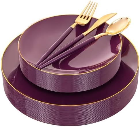Liacere 150PCS Purple Plastic Plates - Gold Plastic Silverware with Purple Handle - Disposable Plates Include 30 Guests Plates, Forks, Spoons, Knives for Wedding&Father's Day&Independence Day