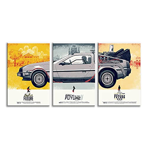 ORIGINALOOPS.COM - Cuadro tríptico Delorean, Regreso al Futuro 1, 2 y 3, Tres Lienzo Impresos sobre Bastidor de Madera Listo para Colgar (60x40 x3 Cuadros)