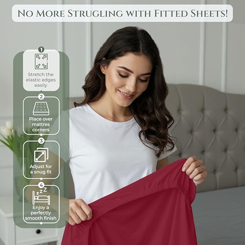 Image of Royale Linens 100% Organic Cotton King Fitted Sheet Only - Percale Weave - Super Soft Deep Pocket Bottom Sheets - Red Elastic Sheet - King Size Fitted Sheets Only - (78 inchx80 inch+15 inch, Red)
