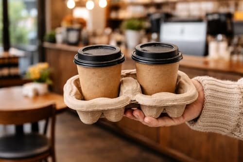 2 Cup Compostable Paper Pulp Cup Carrier, 100Pack Heavy Duty Disposable Coffee Cup Holder, 8.66 x 4.33 x 1.65 Inches, Leak-Proof Eco Friendly Drink Tray for Delivery, Takeout, Food Truck, Party, by TanZenGPackage - Used condition - Image 6