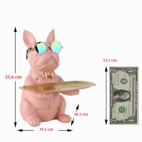 Bandeja de estatua de bulldog rosa de resina para escritorio 3