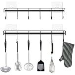 FULUDM Wall Utensil Hanger for Kitchen Rail - 2 Pack Wall Mounted Adhesive Hanging Holder Rack Organizer with 6 Hooks No Drilling, Metal Material, Black