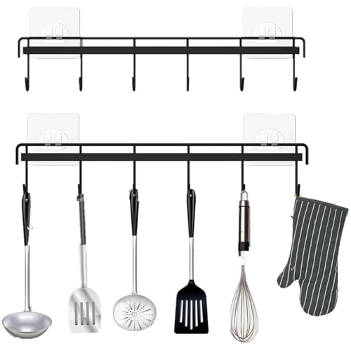 FULUDM Wall Utensil Hanger for Kitchen Rail - 2 Pack Wall Mounted Adhesive Hanging Holder Rack Organizer with 6 Hooks No Drilling (Black)