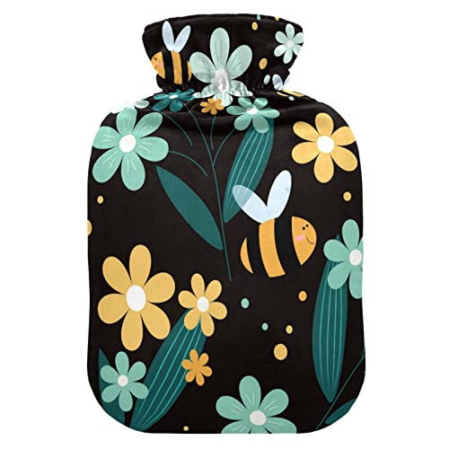 Oarencol Bouillotte avec housse pour compresse chaude et froide 1 litre Motif animaux Bleu sarcelle Jaune à pois Noir Cover