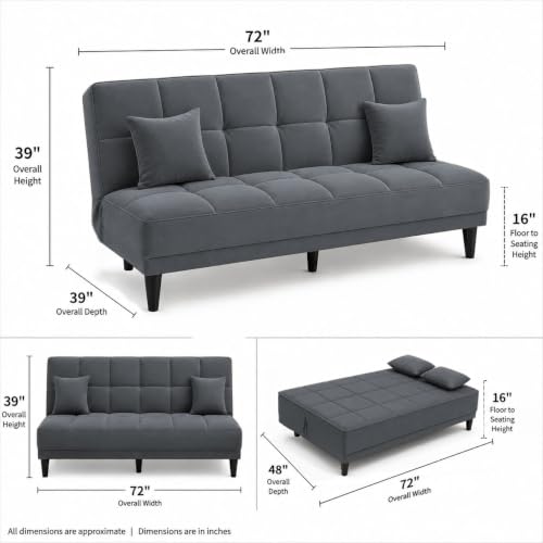 Image of Adorn India Alyssum 3 Seater Sofa Cum Bed 4X6 Velvet 2 Cushions (Color Grey) and Suitable for All Indoor, with 3 Years Warranty