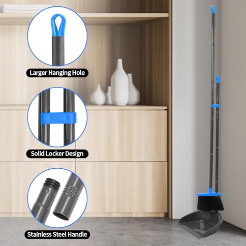 REEWII Broom and Dustpan Set ,Long Handle Broom with Upright Standing Dust pan for Indoor Outdoor Home Kitchen Office Floor Cleaning