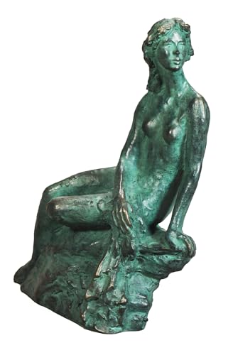Scultura in stile classico, figura di donna nuda seduta, patina in bronzo ossidato verde