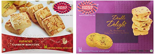 Image of Karachi Bakery Cashew Biscuits, 400g + Karachi Bakery Double Delight Fruit Biscuit with Badam and Pista, 400g