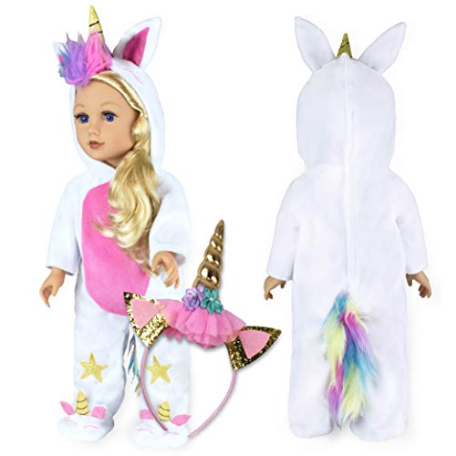 Foothill Toy Co. Limited Edition 18-Inch Doll Clothes & Accessories - Unicorn Onesie Costume with Kids' Matching Headband (White)