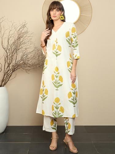 Image of INDO ERA Women Cotton White Printed Straight Kurta Pant Set