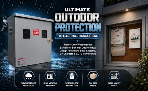 Image of Safe Meter Box - Heavy-Duty Weatherproof Metal Enclosure with Ply Base & Lock | DUAL WINDOW | Solar Installations /Meter /EV Charging /CCTV Power Box / | 18 inchx15 inchx7.5 inch (457x381x190 mm) Wall Mount