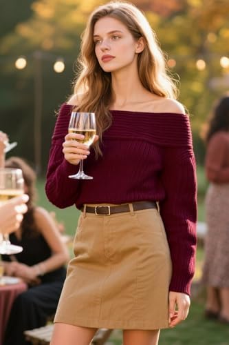 CFLONGE Women's Off The Shoulder Sweater Long Sleeve Oversized Ribbed Knit Fall Pullover Tops Winter Sexy Going Out Outfits2