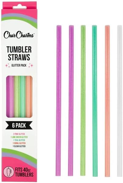 CharCharms 11 inch Tumbler Straws - Pack of 6 Replacement Straws for 30 oz Tumbler with 10mm Diameter, BPA Free, Dishwasher Safe & Reusable Plastic Drinking Cup Straw (Neon Glitter)