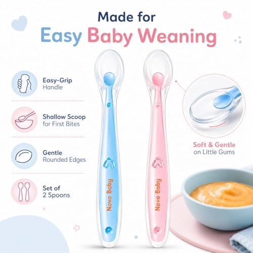 Image of Novo Baby Silicone Spoon for Baby | Set of 2 Feeding Spoons with Ultra-Soft 100% Food-Grade Silicone Tips, BPA-Free Utensils for Baby Weaning, Ideal for Infants 4M+ (Pink & Blue)