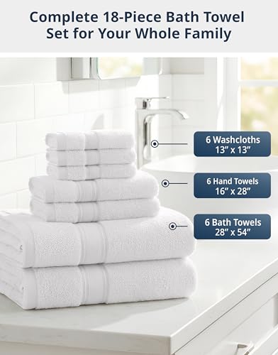 Image of Lane Linen 100% Mercerized Cotton Luxury Bathroom Towel Set - 18 Pcs - Super Soft, Fluffy & Highly Absorbent - 6 Bath Towels, 6 Washcloths, 6 Hand Towels - Complete Family Pack - White Bath Towel Set