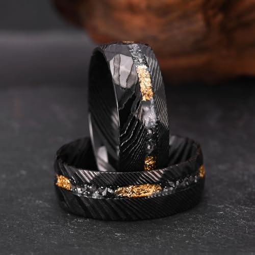 Black Damascus Steel Rings for Men 8mm Men's Engagement Wedding Bands Hammered Inlaid Gold Foil Meteorite Fragments Stylish Comfort Fit2