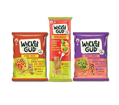 Image of WickedGud 2X Fiber Spaghetti, Penne & Fusilli Pasta Combo | No Maida | Durum Wheat Semolina | Brown Rice | Red Lentils | Healthy Diet Pasta - 400gm x 3