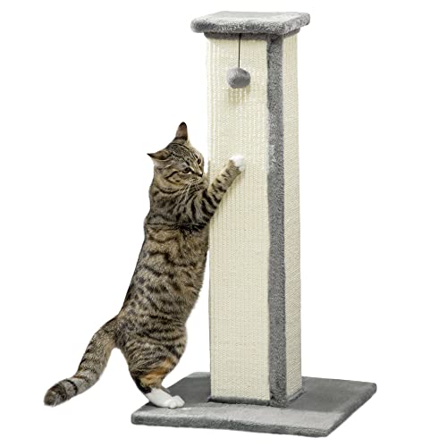 PawHut Tiragraffi per Gatti con Pallina Appesa e Graffiatoio in Sisal, Albero Tiragraffi per Gattini con Rivestimento in Peluche, 41x41x81 cm, Grigio