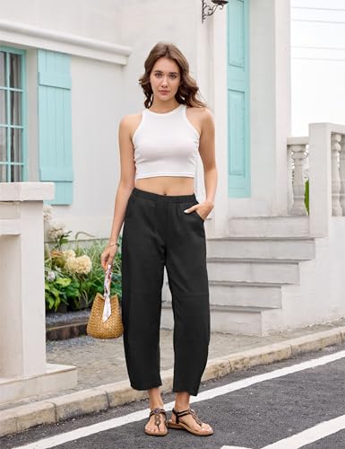 Lviefent Womens Wide Leg Barrel Pants Casual Elastic Waist Linen Cropped Harem Pants Trouser with Pockets2