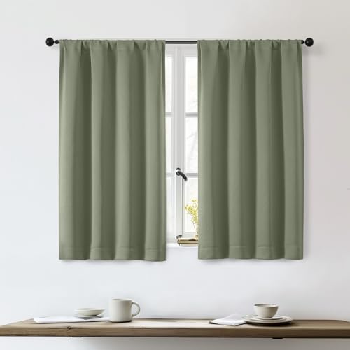 OWENIE Sally Sage Green Short Blackout Curtains for Bedroom Living Room 45 Inch Length 2 Panels Set Solid Thermal Insulated Energy Saving Window Treatment Curtains Drapes W40 x L45 Sage Green