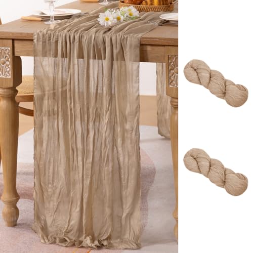 Image of MLMC 2 Pack Nude Cheesecloth Table Runner 10ft Boho Gauze Taupe Cheese Cloth Table Runner Rustic Neutral Centerpiece Decor 35x120 Inches for Wedding Farmhouse Reception Home Decor