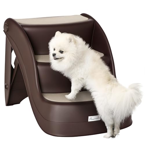 PawHut Escalera para Perros de 3 Peldaños Plegable Escalón de Plástica para Mascotas con Alfombras Antideslizantes para Cama Sofá Carga 15 kg 49x38x38 cm Marrón