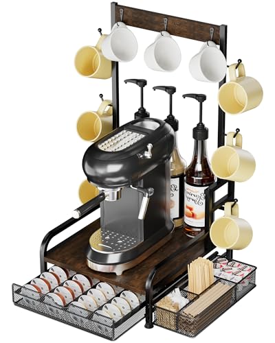 Organizador de estación de café con cajón de cápsulas, 40 cápsulas para Nespresso/28 cápsulas para K Cup, soporte para tazas de café con 9 ganchos y 1 cesta de almacenamiento adicional, organizador de