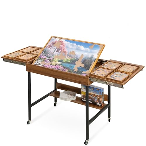 Becko US 2 in 1 Jigsaw Puzzle Table with 8 Sorting Trays, Foldaway & 3 Tilted Angle for Adjusted Height, Universal Wheels for Moves, Shelf Rack for Storage, 30 * 20.1 in for Puzzles Up to 1000 Pieces