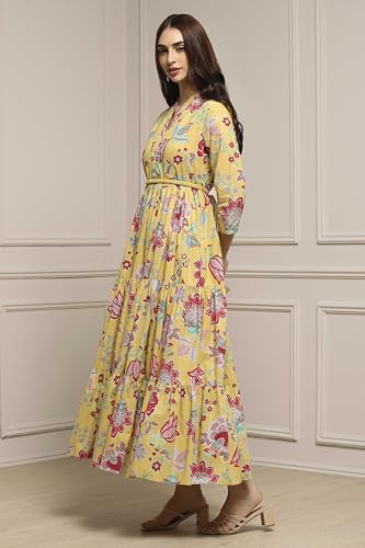 Image of Biba Women's Cotton 3 /4 Sleeves Calf Length Band Collar A-Line Floral Printed Casual Dress