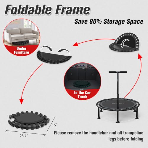 Image of ZCMHAXJ Foldable Mini Trampoline, 40 inch Rebounder Trampoline for Adults & Kids, 450lbs Capacity with T-Shaped Adjustable Bar, Indoor Fitness Workout Exercise Equipment