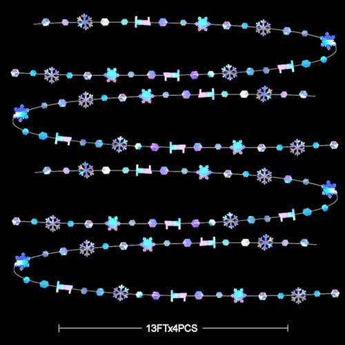 Image of 52Ft Winter Onederland Birthday Decorations Iridescent Snowflakes 1st Holographic Paper Snowflakes Garland Streamer for Winter Wonderland Christmas Frozen Snowflake First Birthday Party Supplies