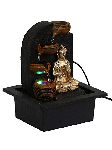 Image of Polyresin Golden Brown Namaskara Mudra Buddha Indoor Table Top Home Decor 3 Steps Water Fountain with Multicolour LED & Speed Controller Pump (Size: 25 x 21 x 18.5CM |Weight: 1170grm)