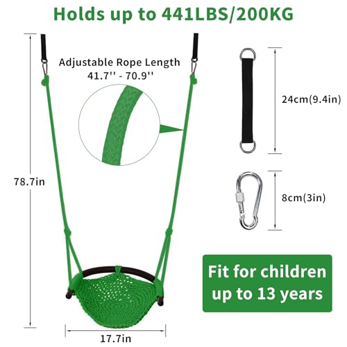 Image of Hi-Na Tree Swing for Kids, Adjustable Toddler Rope Swing Seat with Snap Hooks and Straps, 440 lbs Capacity, Swingset Accessories for Indoor Porch Doorway Outdoor Playground Backyard (Green)